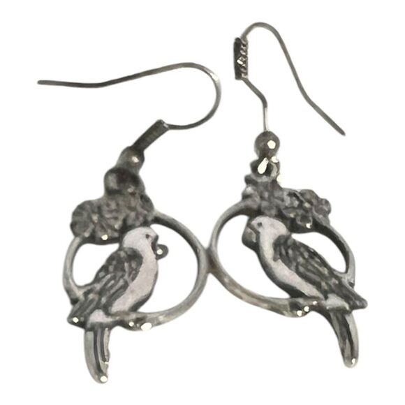Parrot Earrings Pierced Silver Dangle Bird Tropical Floral Bohemian 1 1/2” Drop - Picture 5 of 9